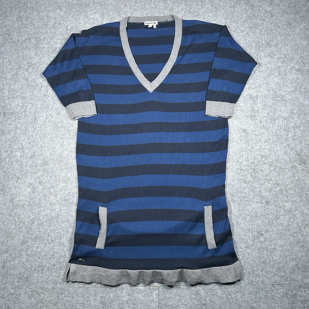 Lacoste Dress Womens 36 Blue White Stripes Pullover Beach Preppy Nautical Office